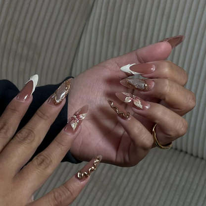 Press On Nails Adhesive Tabs – Nude Red Heart & Glitter Bow Design Long Almond Handmade Fake Nails for Valentine Gift