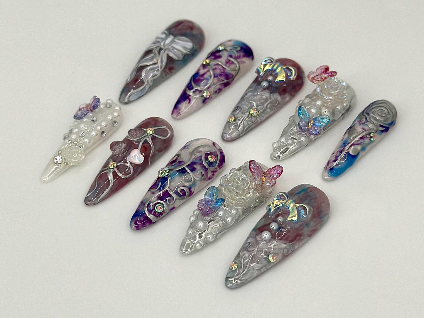 3D Butterfly & Bow Press On Nails | Artistic Bow, Rose Fake Nails | Luxury Pearl, Butterfly Nail Art | Whimsical 3D False Nails | HC705YC