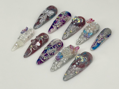 3D Butterfly & Bow Press On Nails | Artistic Bow, Rose Fake Nails | Luxury Pearl, Butterfly Nail Art | Whimsical 3D False Nails | HC705YC