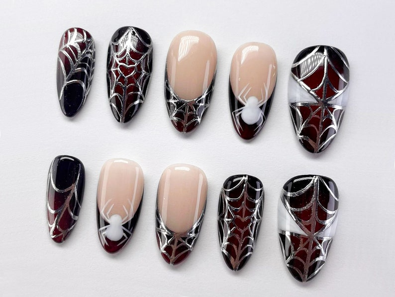 Halloween Spiderman Press On Nails | Acubi-Style Nails | Spider, Spiderweb Nail Set | 3D Silver Gel Nail Art | Almond Nails | JC282A