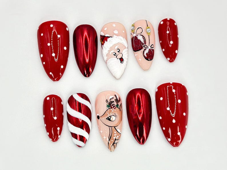 Press On Nails For Christmas | Santa, Reindeer and Holiday Ornaments Details | Christmas-Themed Nail Design l Festive Holiday Nail|JB548HC