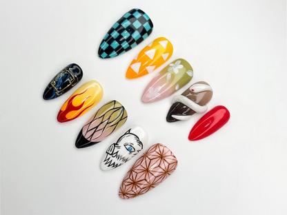 Demon Slayer Anime Press On Nails | Cosplay Character Nail Art | Flame Snake Nail Set | Caro Geometric Press Ons |JC1111BK