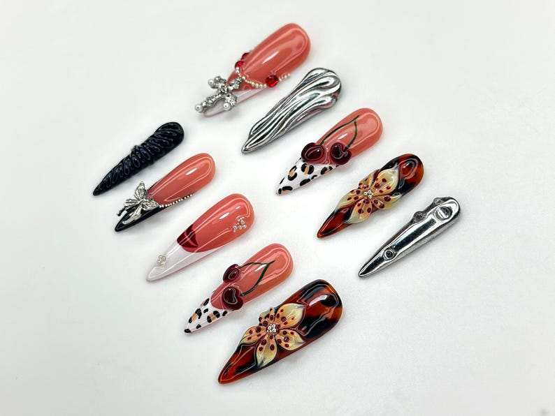 Autumn Cherry Bloom Press On Nails | Coral Red Fall Nail Art | 3D Floral & Leopard Print Nails | Handmade Gothic Accent Set | A1130C