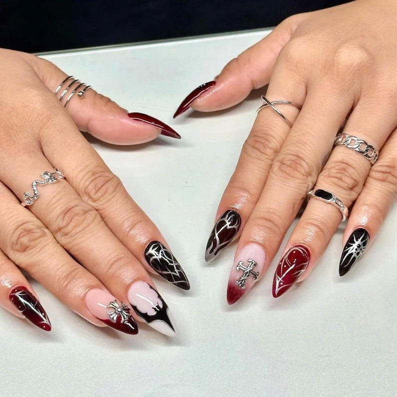 Edgy Chic Manicure Press On Nails | Y2K Gothic Fake Nails | Dark Elegance Nail Charms | Punk Rock Nail Art | Mystic Gothic Tips Nails |DC20Y
