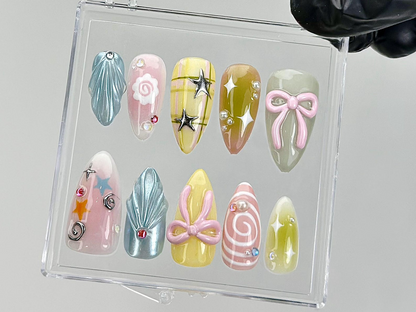 Pastel Star Bow Press On Nails | 3D Swirl & Ribbon Fake Nails | Celestial Pastel Nail Art | Kawaii Pastel Press Ons | Gift for Her | HB877YK