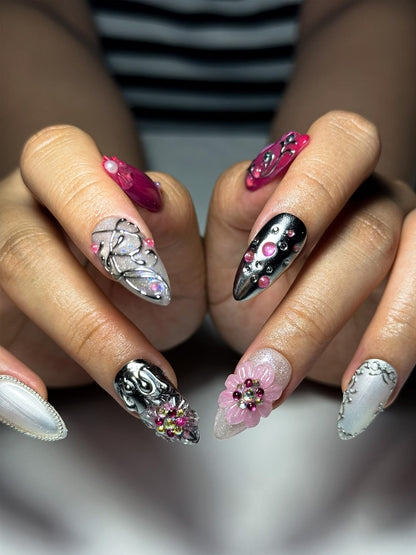 Barbie Luxe Press On Nails | Pink Chrome & Silver Nails | 3D Flower Rhinestone Nails | Elegant Almond Nails | Glam Nail Set | JC378NC (Copy)