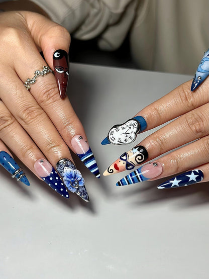 Abstract Blue Press On Nails | Modern Art Face & Clock Nails | Graphic Cartoon Nail Art | Star Stripe Nails | Handmade Press Ons | JB334IK