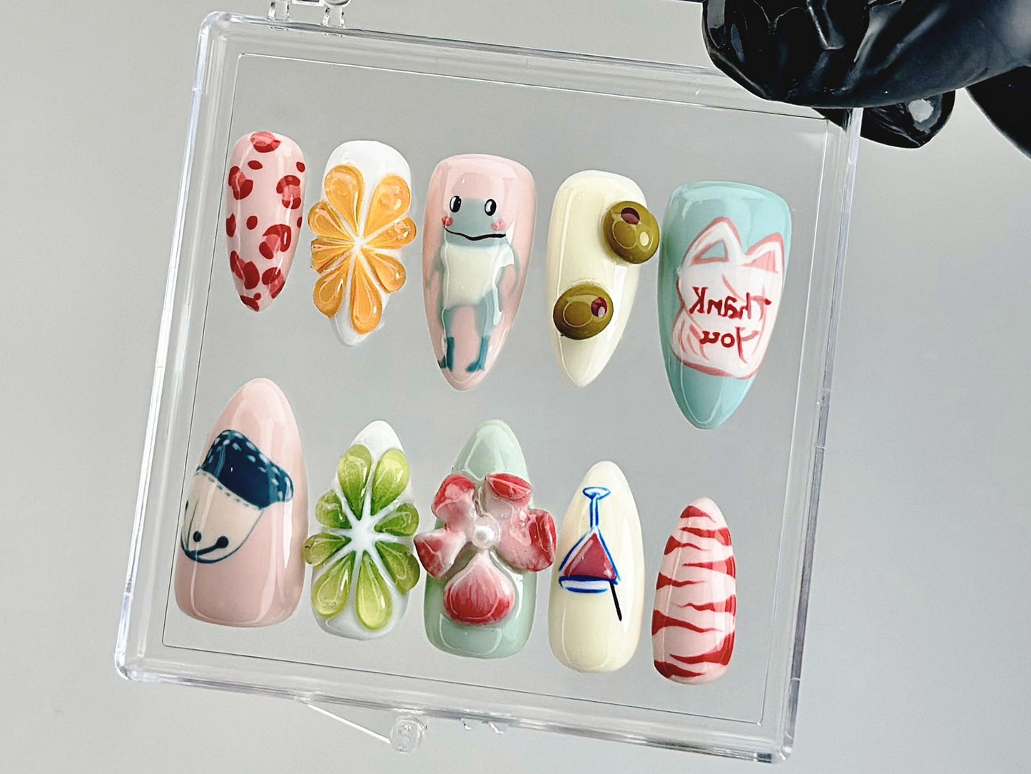 Funky Cartoon Press On Nails | 3D Frog, Flower, Smile Fake Nails | Handmade Kawaii Nail Art | Colorful Kawaii Press Ons | HB876YC