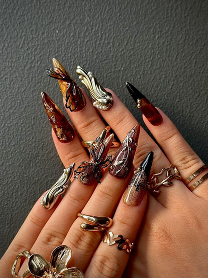 Autumn Butterfly Press On Nails | Luxury Handmade Brown Nails | Nature Inspired Stiletto Press Ons | Elegant Butterfly Design | JB168HC