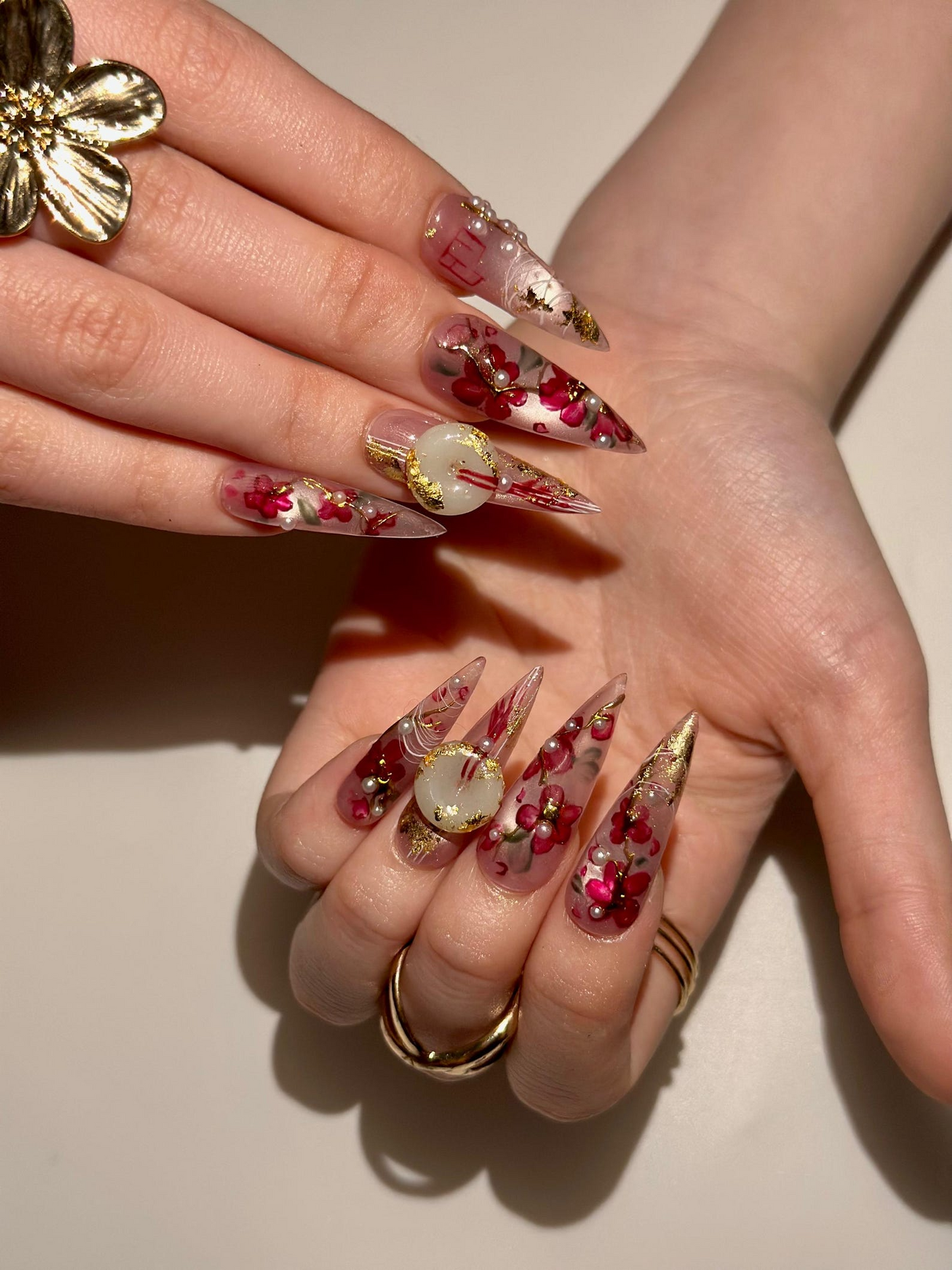 Handmade Cherry Blossom Press On Nails, Asian Inspired Luxury 3D Jade and Gold Leaf Nails, Elegant New Year Luxury Fake Nails, DB1021HC