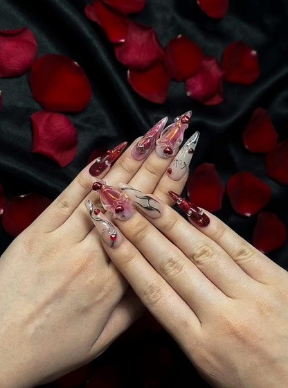 Red Pink Heart Press On Nails | Valentine Nail Wraps| Y2K Heart Nail Art | Handmade Statement Press Ons | Valentine Nails | HC997GC