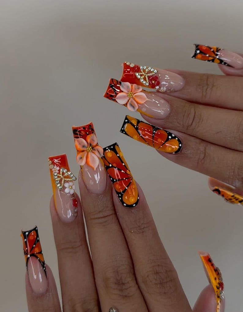 Sunset Flame Floral Press On Nails | Orange Butterfly Nails | 3D Flower & Star Charms Nail Art | Handmade Long Nail Set | JC961HK