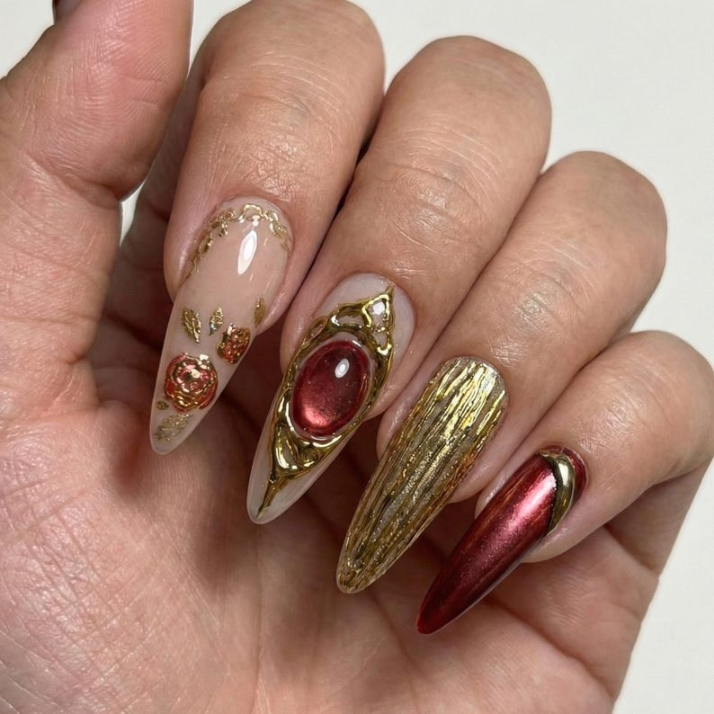 Press On Nails Adhesive Tabs – Nude Burgundy Gold Heart & Rose Chrome Long Stiletto Handmade Fake Nails for Luxury Romantic Look
