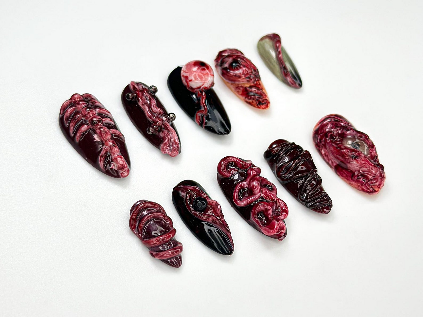 Horror Halloween Press On Nails | 3D Bloody Body Art Nails | Halloween Skeleton & Flesh Nail Set | Grunge Monster Horror Nails | JB979HC