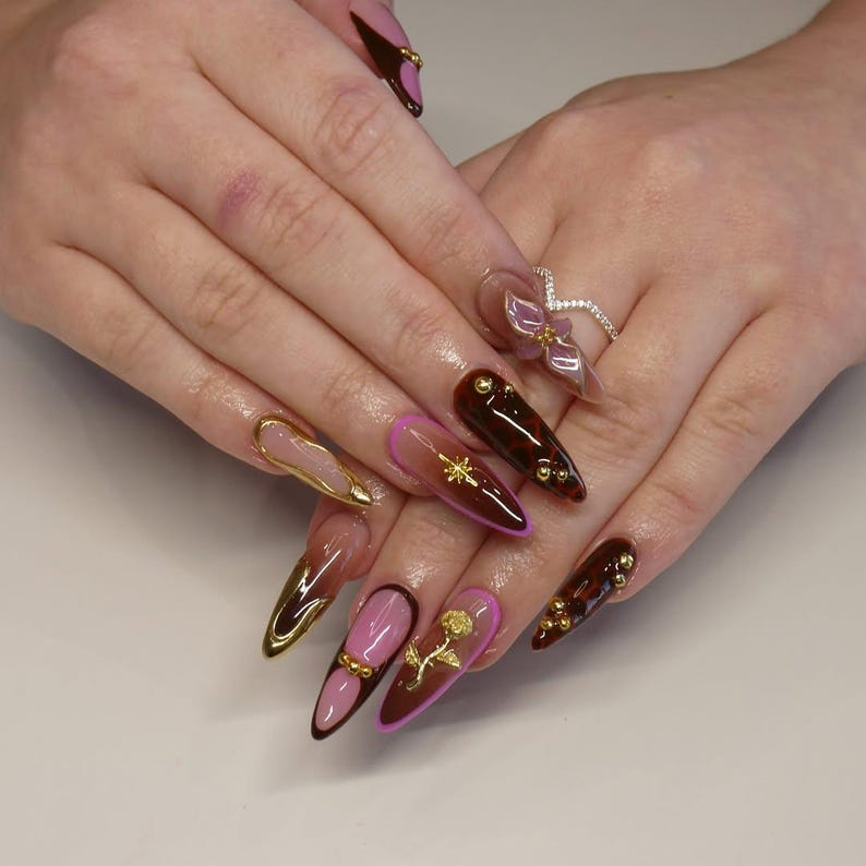Golden Rose Luxe Press On Nails | Pink & Brown Glam Nail Art | 3D Bow And Rose Accents | Handmade Luxury Stiletto Nails | JB185EK