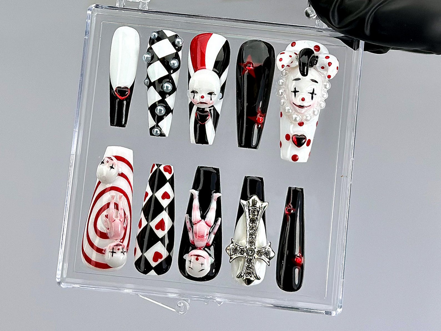 Gothic Clown Press On Nails by DoryNail | Horror Harlequin Fake nails | Creepy Cute Nail Art | Black Red White 3D Dolls Nails | HB806YK
