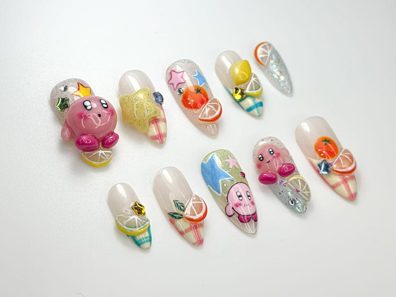 Kirby Pink Cute Press On Nails | 3D Kirby & Citrus Nail Art | Colorful Kawaii Press Ons | Handmade Cute Cartoon Nail Set | JB124HC