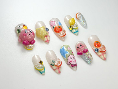 Kirby Pink Cute Press On Nails | 3D Kirby & Citrus Nail Art | Colorful Kawaii Press Ons | Handmade Cute Cartoon Nail Set | JB124HC