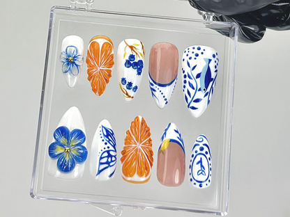 Porcelain Blue Floral Press On Nails | Oriental Ceramic Fake Nails | Orange Blossom Nail Art | Butterfly Citrus Nails | Luxury Nails|HB903YK