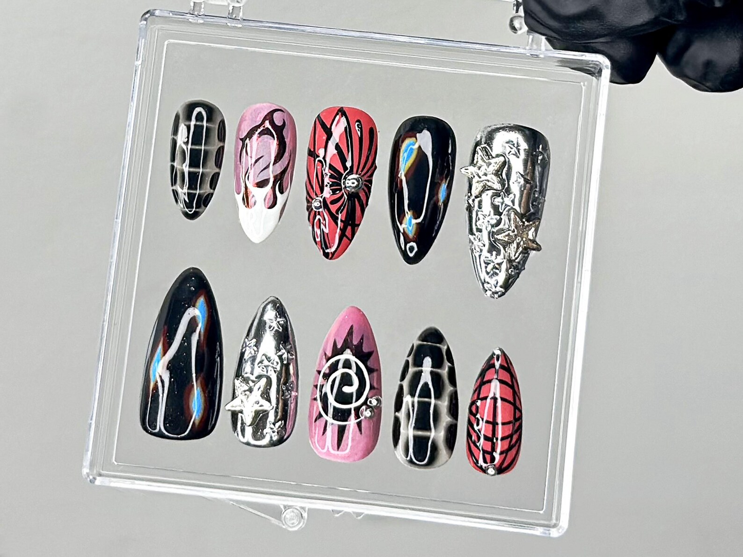 Chrome Flame Press On Nails | Gothic Spider Nail Art | Flame Spider Press Ons | Cyber Y2K Fake Nails | Emo Butterfly Press Ons | HC945YC