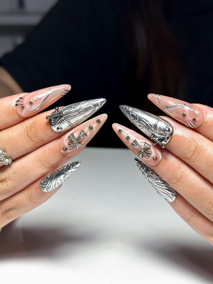 Gothic Chrome Stiletto Nails | 3D Liquid Metal Cross Press Ons | Cyberpunk Grunge Art | OB1330IB