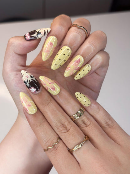 Polka Dot Butter Yellow Nails | Hand-Painted Vintage Anime Press Ons | Luxury 3D Floral Custom Trending 2026 Almond Art | OB389IG