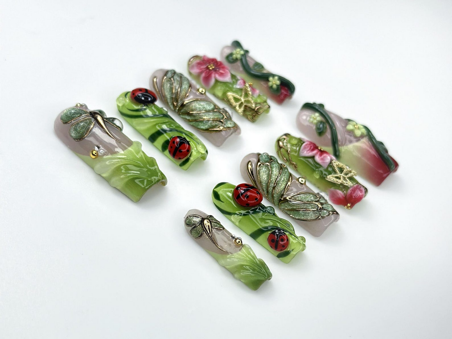 Enchanted Forest Garden Press On Nails | 3D Ladybug & Dragonfly Nails | Botanical Nature Nail Art | Red Floral Green Vine Nails | JB974EK