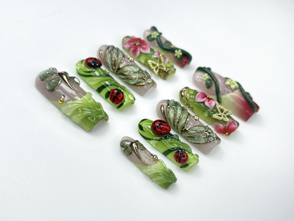 Enchanted Forest Garden Press On Nails | 3D Ladybug & Dragonfly Nails | Botanical Nature Nail Art | Red Floral Green Vine Nails | JB974EK