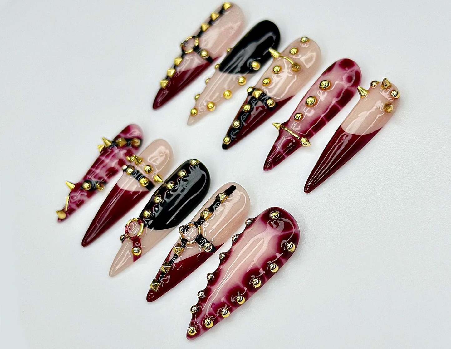 Handmade Gothic Press On Nails | Spiked, Studded Red & Black Nails | Punk Rock Statement Nail Art | JC968EP