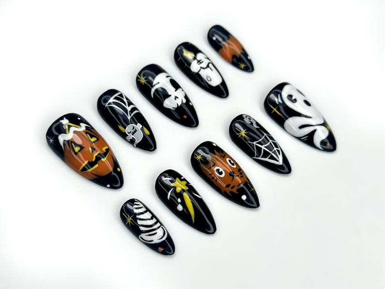 Halloween Stiletto Press On Nails | Black & White Gothic Spider Nail Art | 3D Spider Web Design with Piercing Accents | HB1067EK