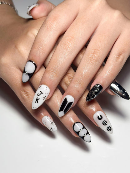 JungKook Inspired Black & White Nails | Kpop JK Solo Era Press Ons | Y2K Star and Bow Nails | Musical Note Gothic Press Ons | OC364IK
