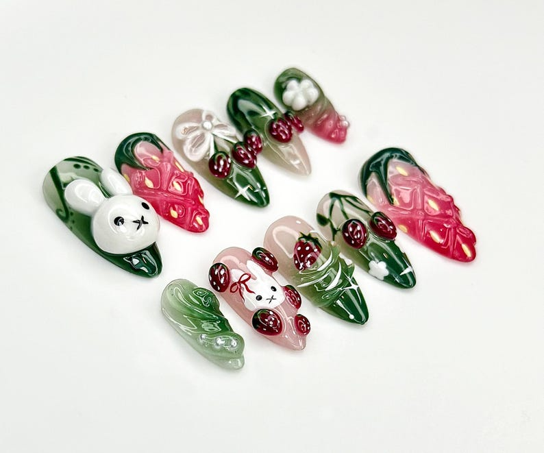 Strawberry Bunny Dreams Press On Nails | Cute 3D Fruit Nail Art | Sweet Berry Theme Nails | Pink 3D Kawaii Nails | JB923EC
