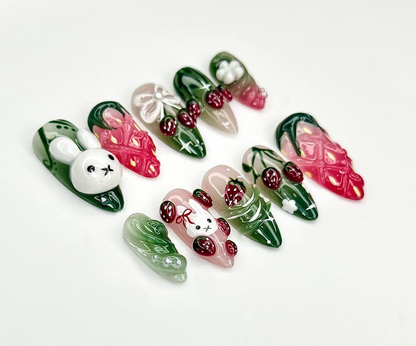 Strawberry Bunny Dreams Press On Nails | Cute 3D Fruit Nail Art | Sweet Berry Theme Nails | Pink 3D Kawaii Nails | JB923EC