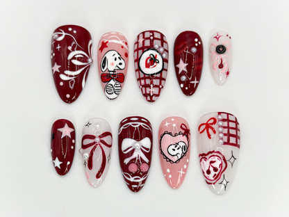 Snoopy-Inspired Red Press On Nails | Unique Hand-Painted Snoopy Design | Charming Stars and Bows Nail Set | Artistic Handmade Nail | JB566HK