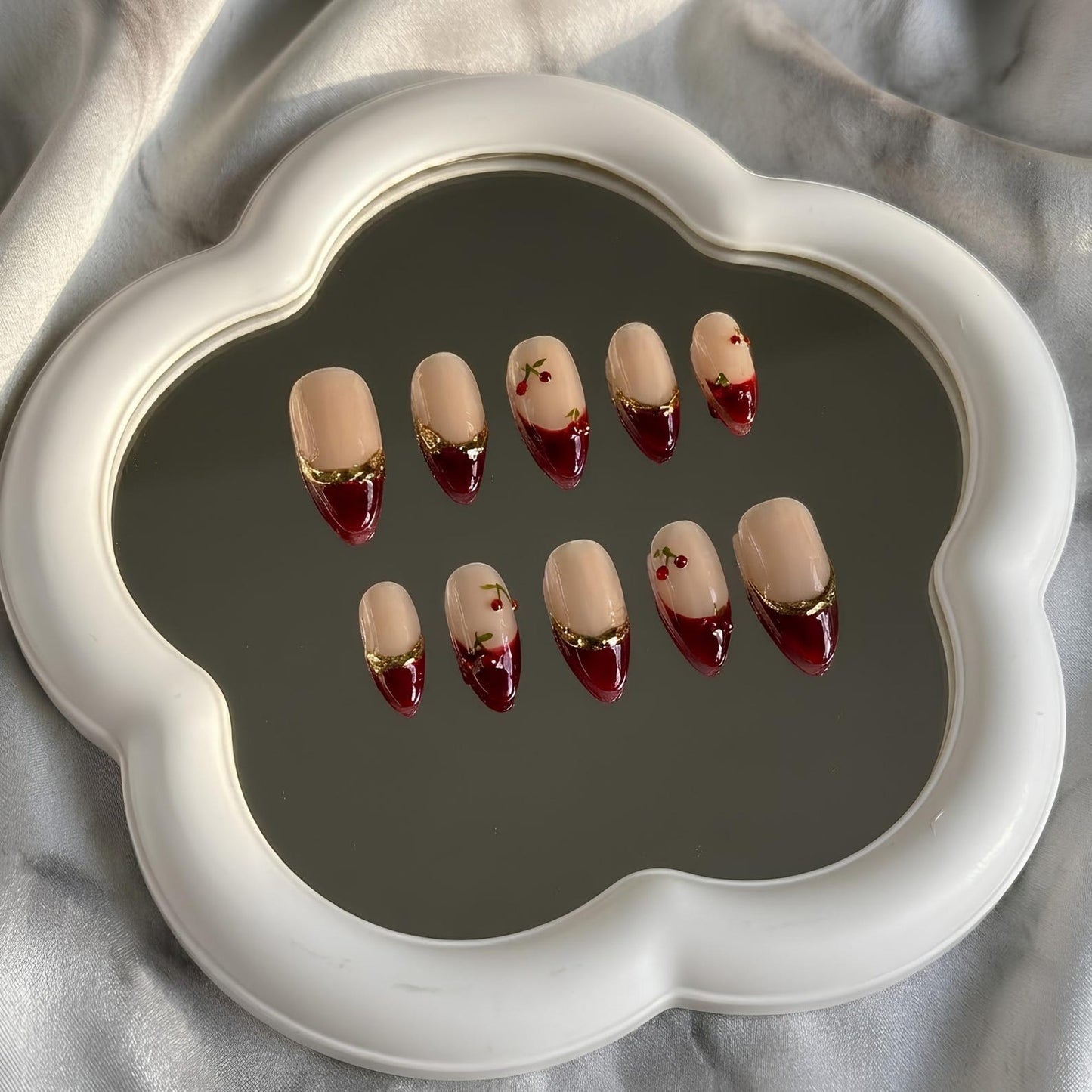 Vampy Cherry Press On Nails | Gold Swirl French Tip | Deep Red Y2K Summer | Bold Date Night Vacation | Custom Shape Handmade Set | OB1354DK