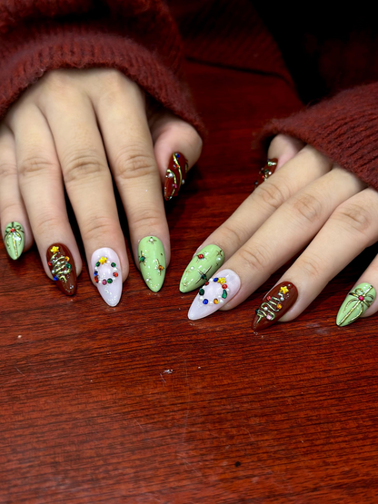 Candy Light Christmas Press On Nails | Red Green Holiday Nail Art | 3D Star & Ornament Nail Art | Festive Winter Nail Set | HB1211EK