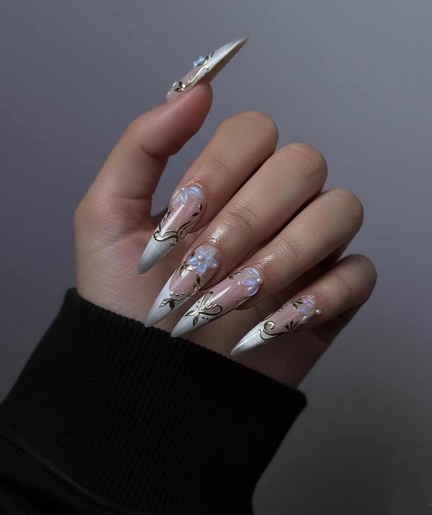 Spring Gothic Blossom Pressons Nails | Dusty Mauve Floral Nails | Iridescent 3D Flower Nail Art | Gold Vine Luxury Nail Set | JB267EC