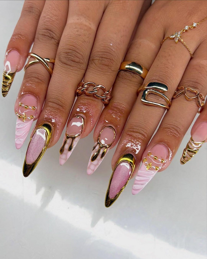 Nude Pink Gold Press On Nails | Luxury Molten Metal Nail Art | Elegant Long Stiletto Press Ons | Baroque Couture Nail Design | HC1246HC