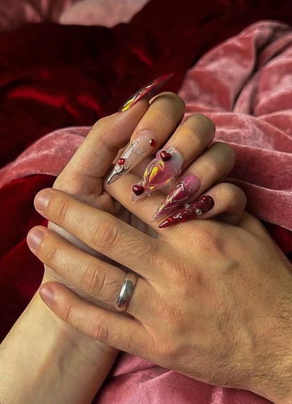 Red Pink Heart Press On Nails | Valentine Nail Wraps| Y2K Heart Nail Art | Handmade Statement Press Ons | Valentine Nails | HC997GC