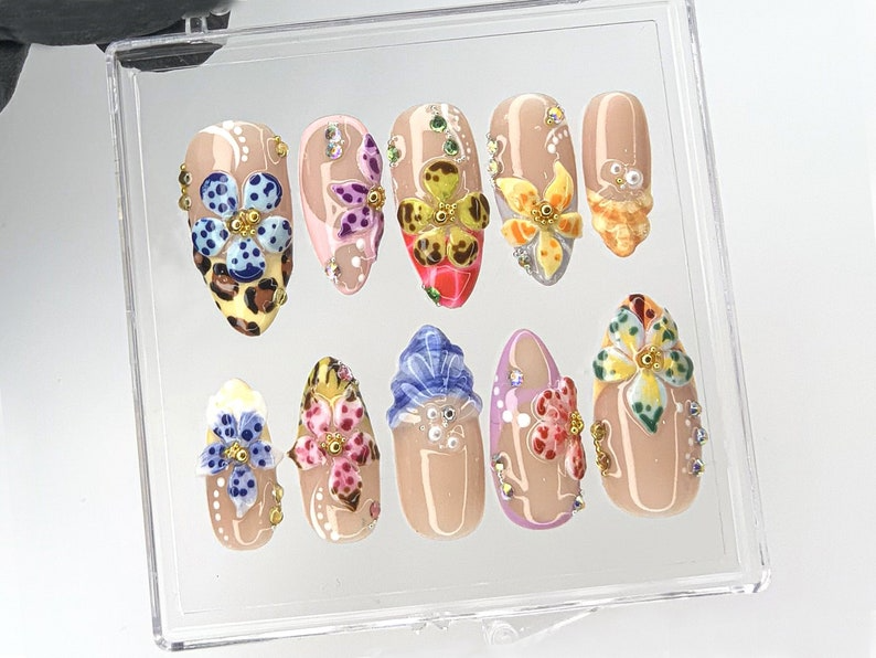 Tropical Bloom Press On Nails | Vibrant Orchid Fake Nails | Exotic Flower Acrylic Nails | Colorful Blossom Nail Art | Colorful | HB490YC