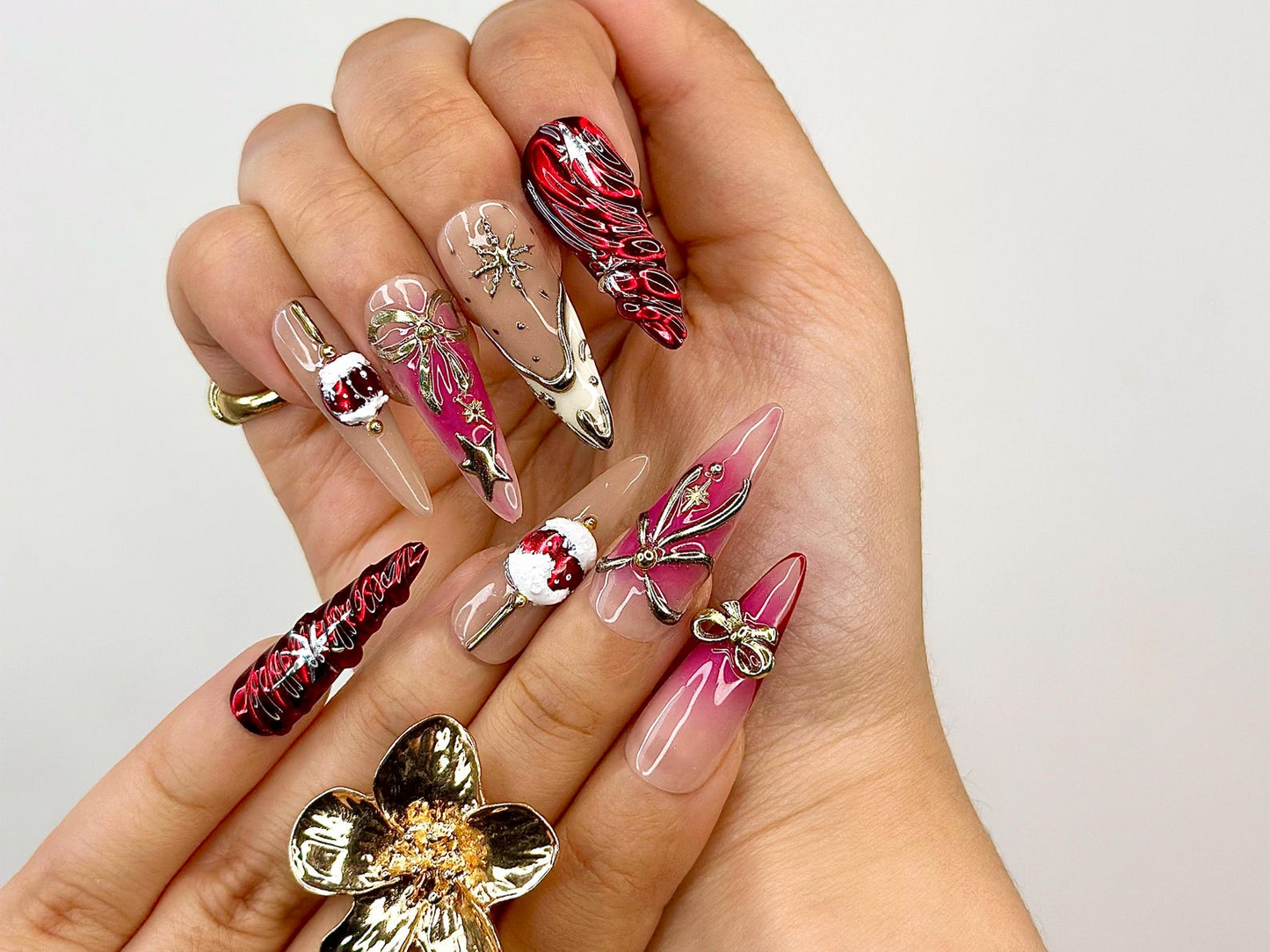 Elegant Christmas Press On Nails | Holiday Chrome Nail Art | Winter Festival Nails | Red Gold Bow Design | Handmade Gift for Her | JB1190BK