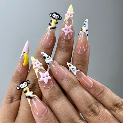 3D Monkey Banana Press On Nails | Cute Pink Star & Fruit Fake Nails | Kawaii Handmade Nail Art | Playful Cute Nails | Cartoon Nails |HB255YC