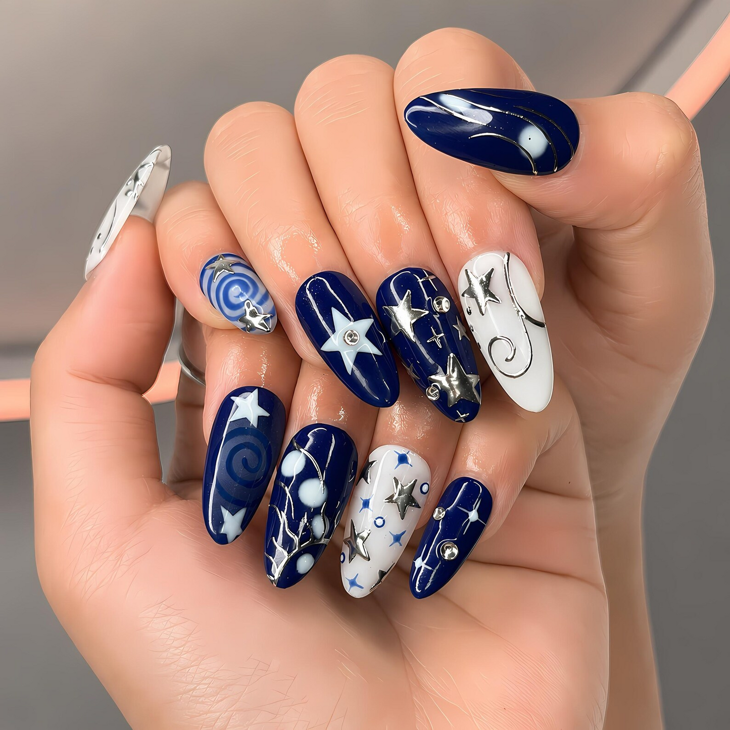 Navy Blue Press On Nails • Star Charm Almond Nails • Silver Foil Celestial Handmade Glue Set • Gift for Her • OC1376ZG