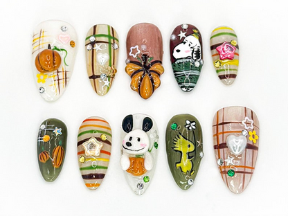 Cute Autumn Press-On Nails| 3D Cartoon & Rustic Style | Hand-Painted Nail Art | Unique Fall Nail Art | Autumn-Themed Press-On Nails|JB588HC