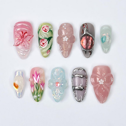 Springtime 3D Floral Press-On Nails | Handmade Medium Almond False Nails for Holiday, Vacation, Birthday, Prom | Gift for Her | JB213L