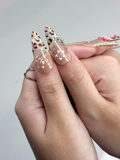 3D Hibiscus Flower & Tropical Muse Nails | Ethereal Goddess Press Ons | Luxury Seashell Art Nails |Nude Pink Floral Summer Nails | JB360IC