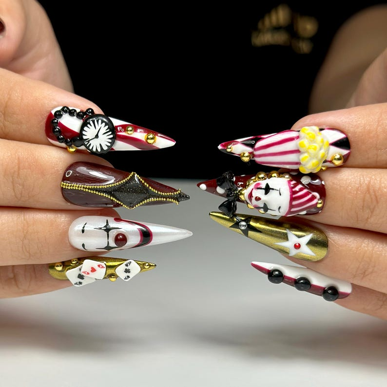 Halloween Circus Press On Nails | Spooky Clown Faces Nail Art | Gothic Harlequin Fake Nails | 3D Popcorn & Casino Press Ons | DB729YC