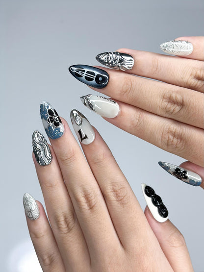 Kpop Inspired Indigo Voyage Nails | 7 Spirit Arirang Silver Shark Nails | Ocean Muse 3D Chrome Nails | Handmade Nails | JC357IC