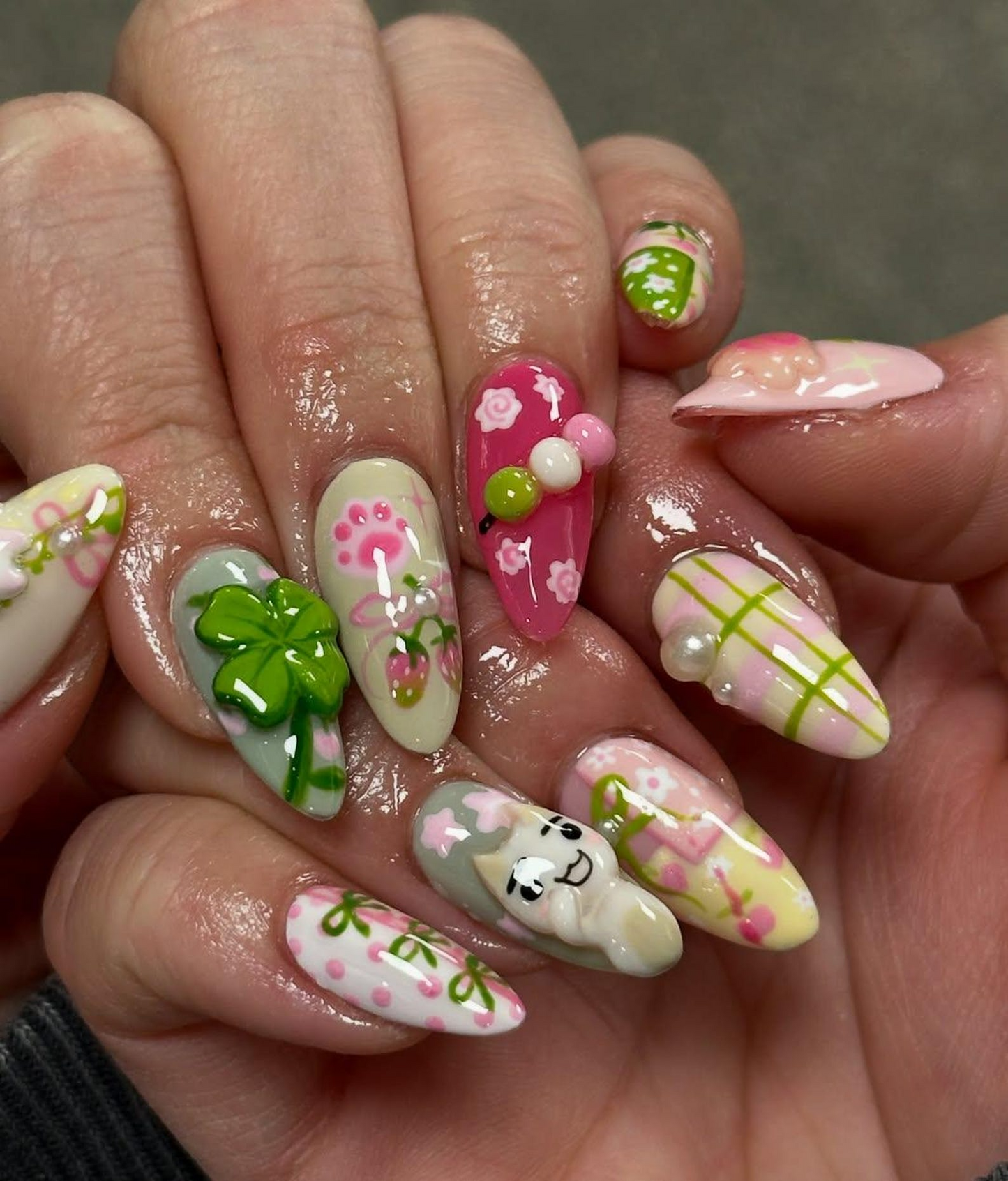 Kawaii Cute Press On Nails by DoryNails | Pastel Bunny Clover 3D Press Ons | Sakura Bunny Fake Nails | Kawaii Spring Nail Art | HB827YC