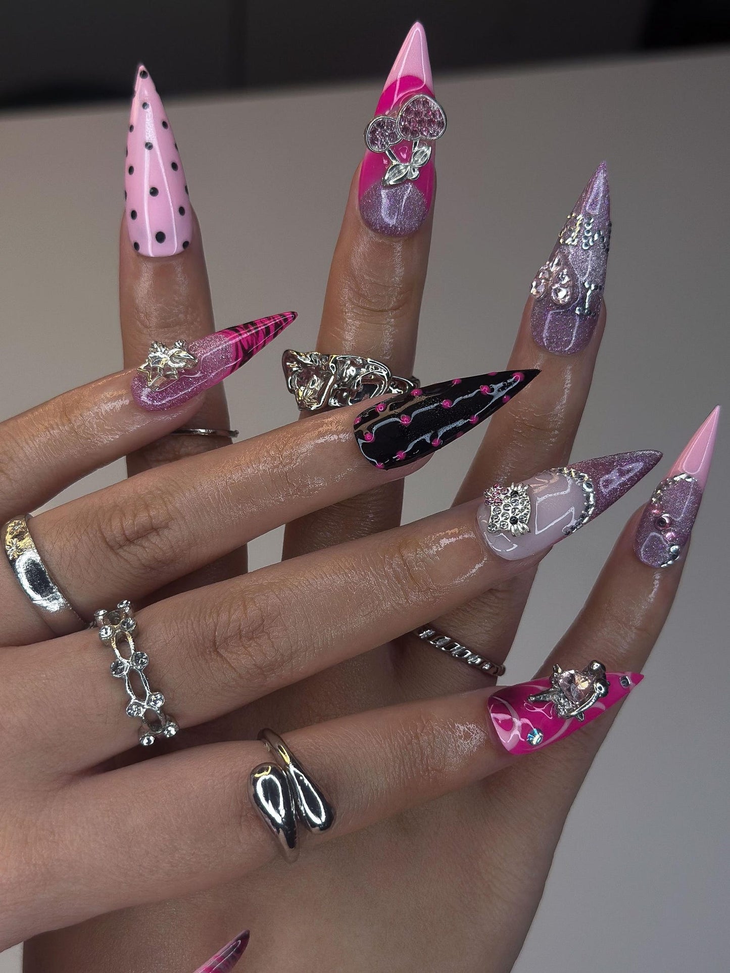Y2K Gyaru Hello Kitty Nails | Pink Leopard & Tiger PrCyber Goth Glitter Stilettoint Press Ons | Luxury  Art| OB388IG